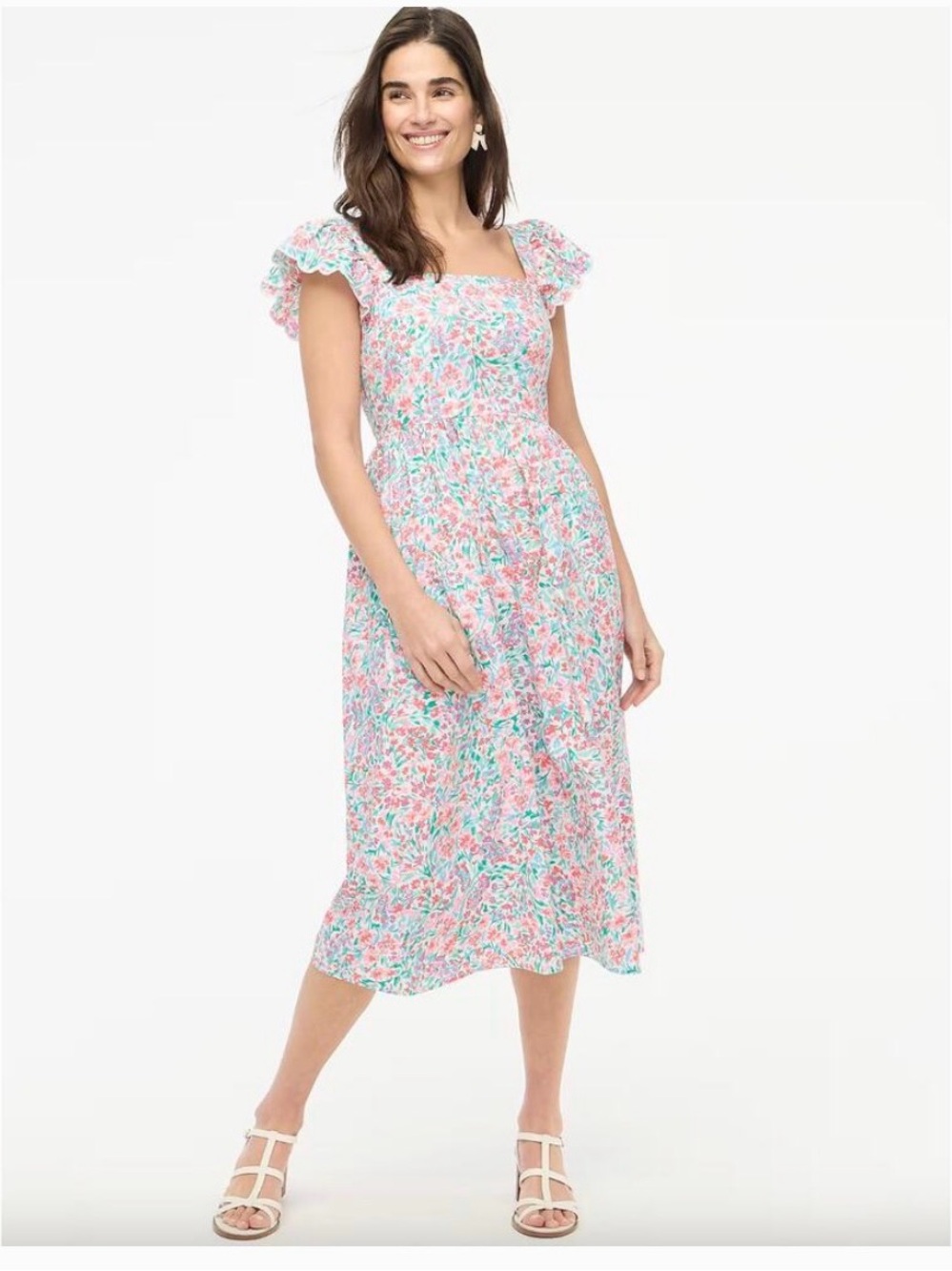 J.Crew Floral Square-Neck Midi Dress in Pink & Mint